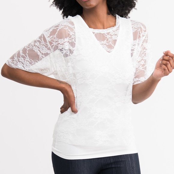 Agnes & Dora Tops - Agnes & Dora Mesh Ivory Lace Tee | NWT | Plus